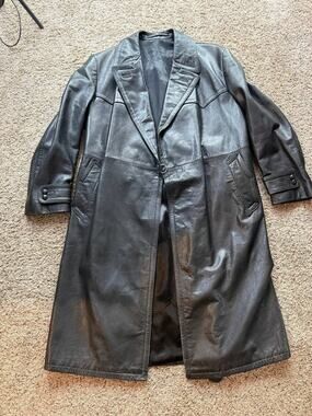 Vintage 1940s German Horsehide Leather Trench Black Coat Gutos Pforzheim Officer